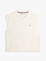 Chaleco de punto trenzado Tommy Hilfiger color blanco, con cuello en V, corte regular y logo bordado en el pecho.