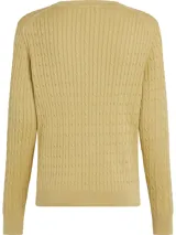 Sweater de manga larga color verde claro, con cuello redondo y tejido de punto trenzado (cable knit) vertical. Presenta un pequeño logo bordado en el pecho.