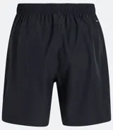 Bermuda deportiva gris con cintura elástica, cordón de ajuste, bolsillos con cremallera, recorte lateral con agujeritos y abertura en el bajo.