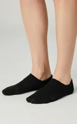 Pack de cinco pares de soquetes invisibles (tipo antideslizantes) color negro, confeccionados en una mezcla de algodón, poliéster y elastano. Cuentan con silicona antideslizante en el talón.