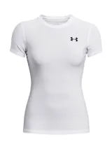 Remera térmica Under Armour HeatGear de manga corta y ajuste de compresión, color blanco con logo negro en el pecho.