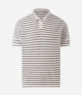 Camisa polo de punto para hombre, con diseño a rayas horizontales, cuello camisero, manga corta y cierre frontal parcial con botones.