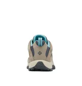 Championes de trekking Columbia modelo Crestwood, con diseño de caña baja. Presentan una combinación de cuero gamuzado y malla técnica en tonos gris y beige, con detalles en color turquesa en los cordones y el interior. Cuentan con entresuela Techlite para amortiguación y suela de goma Omni-Grip de alta tracción.