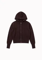Campera tipo hoodie de tejido de punto, color marrón oscuro, con cierre frontal completo, capucha con cordones ajustables y puños y ruedo acanalados.