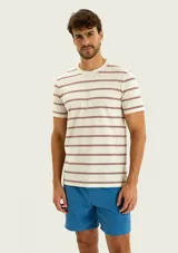 Remera de manga corta a rayas horizontales marrones sobre base gris claro, de cuello redondo y corte clásico.