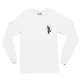 Remera de manga larga color blanco, confeccionada en algodón, con un pequeño estampado gráfico en el pecho que representa unas manos en posición de oración.