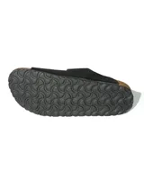 Sandalias tipo zueco marca Rivaro, confeccionadas en cuero gamuzado negro con dos tiras ajustables con hebillas metálicas. Presentan una plantilla anatómica de corcho y látex, y suela de goma antideslizante.
