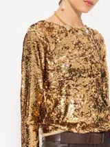 Top dorado de lentejuelas con mangas largas y cuello redondo.