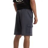 Short de felpa color azul oscuro con efecto acid wash, bolsillos cargo laterales y cordón ajustable en la cintura.