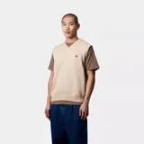 Chaleco de tejido de punto color beige, con cuello en V y pequeño logo bordado en el pecho.