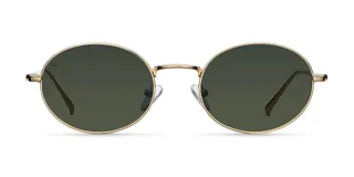 Lentes de sol ovalados con montura dorada y lentes verdes polarizadas.