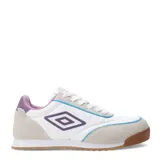 Championes deportivos Umbro modelo Lane Lady, con diseño multicolor que combina blanco, azul y detalles en rosado. Presentan una estructura de materiales sintéticos con refuerzos en gamuza sintética en la puntera y el talón, cordones blancos y suela de goma con relieve.