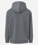 Saco con capucha y cierre frontal de color gris grafito, confeccionado en mezcla de algodón y poliéster. Presenta cordón ajustable en la capucha, puños y cintura ajustados, y una pequeña estampa localizada en el lado izquierdo del pecho con texto y tres círculos.