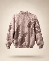 Buzo tejido de algodón y acrílico, color rosado con diseño floral en tonos marrones, de silueta amplia, cuello alto y terminaciones acanaladas.