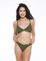 Bralette verde militar con breteles finos regulables y textura acanalada.