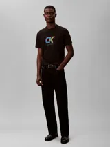 Remera de algodón negro con cuello redondo y manga corta. Presenta un estampado gráfico en el pecho con el monograma de Calvin Klein en colores azul, verde y rojo, junto con el nombre de la marca debajo.