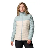 Campera acolchada Columbia modelo Powder Pass, con diseño bicolor en tonos celeste y beige. Presenta cuello alto, cierre frontal completo, mangas largas y bolsillos laterales con cierre.
