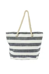 Bolso tipo tote con rayas horizontales blancas y azules, asas de soga y cierre superior.