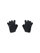 Par de guantes negros Under Armour para entrenamiento, con diseño de medio dedo y logo de la marca en el dorso.