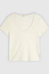 Remera blanca de manga corta en tejido de punto acanalado, con escote redondo y detalle de pequeño moño en el centro.