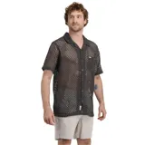 Camisa O'Neill modelo Summertime de manga corta, color gris oscuro, confeccionada en tejido de red con cuello tipo cubano, cierre frontal de botones y bolsillo aplicado en el pecho.