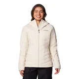 Campera técnica Columbia Joy Peak II con capucha, diseñada con tecnología Omni-Heat Infinity para retención de calor y Omni-Shield para repelencia al agua. Cuenta con aislamiento Thermator de poliéster reciclado, cierre frontal completo, bolsillos laterales con cremallera, puños con orificio para pulgar y cuello forrado en vellón.