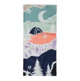 Cuello multifuncional Buff de la línea Thermonet, con diseño estampado de paisajes montañosos y árboles en tonos azul, verde, rosa y blanco. Fabricado con fibras aislantes PrimaLoft y tejido elástico sin costuras que gestiona la humedad.