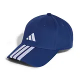 Gorra deportiva Adidas de seis paneles, color azul marino con las tres tiras características en color blanco sobre la visera y logo bordado en el frente.
