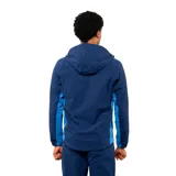 Campera deportiva con capucha, cierre frontal y bolsillos laterales. Presenta un diseño en bloques de color azul marino y celeste, con el logo de Umbro y el escudo del Club Nacional de Football estampados en el pecho.
