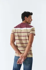 Remera de hombre a rayas horizontales blancas y azules, con cuello redondo azul marino y logo de la marca bordado en el pecho.