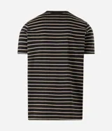 Remera masculina de corte regular, confeccionada en tejido de algodón y poliéster, con diseño de rayas horizontales en hilo teñido, cuello redondo y manga corta.