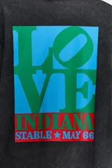 Camiseta de manga larga, corte regular, color negro con efecto lavado o acid wash. Presenta un estampado frontal en rojo con la palabra "LOVE" estilizada.