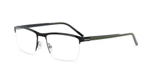 Armazón de anteojos de metal color negro con detalles en verde oliva. Diseño rectangular con lentes semi al aire. Patillas delgadas con detalle de la marca.
