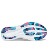 Championes de running Saucony Ride 15, color gris con detalles en azul marino, rosa y dorado.