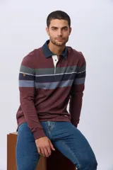 Remera polo de manga larga con diseño de rayas horizontales en tonos azul marino, marrón y gris. Presenta cuello camisero con cierre de botones y puños elásticos en las mangas.