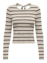 Sweater de punto acanalado con diseño a rayas horizontales negras sobre fondo beige. Presenta cuello redondo, mangas largas y un detalle de recorte con lazo en la parte superior de la espalda.