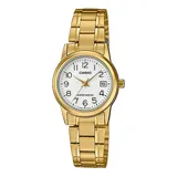 Reloj analógico Casio con caja y malla de acero inoxidable en tono dorado. Presenta una esfera blanca con números arábigos, manecillas doradas y ventana de calendario.