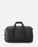 Bolso de viaje tipo duffle de Rip Curl, modelo Packable Duffle 35L Icons, en color negro. Cuenta con abertura principal en forma de U, bolsillo frontal con cierre, asas de transporte superiores y correa de hombro ajustable y extraíble. Incluye detalle de etiqueta con el logo de la marca en el frente.