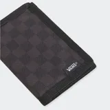 Billetera Vans Slipped plegable de tres paneles, color negro. Dispone de un amplio compartimento para billetes, ranuras para tarjetas, funda para el documento de identidad y bolsillo para monedas.