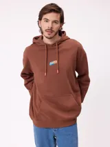 Canguro marrón con capucha y bolsillo frontal, con un diseño gráfico colorido en la espalda que representa una casa surrealista con el texto 'Supreal State of Mind'.