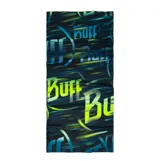 Bufanda tubular multifuncional Buff, confeccionada en tejido elástico con protección solar UPF 50. Presenta un diseño estampado con letras y efectos de luz en tonos azules, verdes y negros.