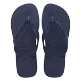 Chancletas Havaianas modelo Top, color rojo, con tiras de goma texturizadas y suela de diseño antideslizante con textura de grano de arroz.