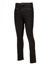 Pantalón de jean skinny de tiro medio en color gris oscuro, con cierre frontal, bolsillos delanteros con cierre y ruedo desflecado.