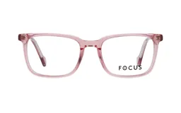 Armazón de anteojos Focus Premium de diseño rectangular, fabricado en acetato traslúcido de color rosado.