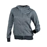 Campera con capucha de tejido texturizado gris con lurex, cierre frontal y bolsillos laterales.