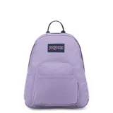 Mochila Jansport Half Pint color lila con logo de la marca en el frente, asa de mano superior y correas ajustables.