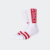Par de medias deportivas Stance, caña media, color blanco con franjas rojas en el empeine y el logo "STANCE" vertical en rojo en la caña.