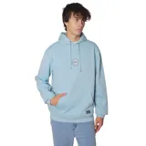 Canguro celeste con capucha y cordones ajustables, bolsillo tipo canguro y logo estampado en el pecho.