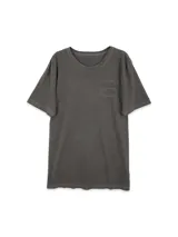 Remera gris de cuello redondo y manga corta, corte oversized, con estampado en el frente y la espalda con texto y figuras geométricas.