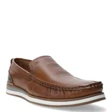 Mocasines de cuero color marrón tabaco, con diseño de costuras visibles en la puntera y suela de goma blanca con detalle gris.